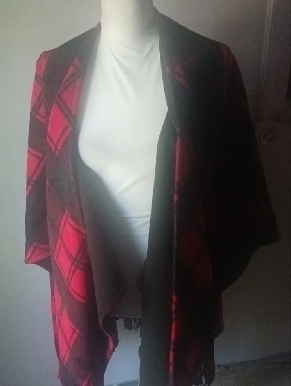 RACHEL Rachel Roy Red and Black Plaid Fringed Wrap